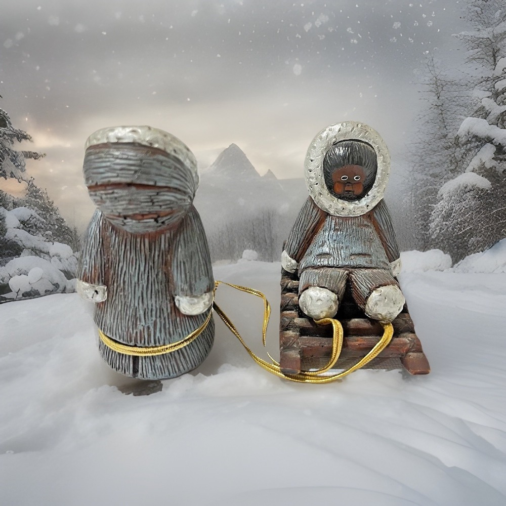 🇺🇸 Vintage‎ Alaska Inuit Eskimo Children Sled Figurines Resin Soapstone Style